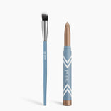 The Radiance Duo by PrimePrometics™ features a blue-handled cream eyeshadow brush with black and white bristles next to a blue eyeshadow brightener stick with a metallic bronze tip, both shown on a white background.
