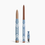 Three PrimePrometics™ Eye Lift Duo products in blue and white packaging—a chubby stick, a slim eyeliner for women over 50, and an illuminating eye tint vial—stand upright on a white background.