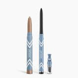 Three blue tubes with white chevrons—PrimePrometics™ Eye Lift Duo: an illuminating eye tint, a black eyeliner for women over 50 with a twist-up tip, and a small tube with gray applicator—are shown against a white background.