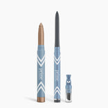 Three blue and silver PrimePrometics™ Eye Lift Duo products are upright: a water-resistant cream eyeshadow stick, twist-up eyeliner for women over 50, plus a small clear “prime cosmetics” jar with a blue cap, all on a white background.