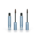 Two blue tubes of 2pcs PrimeBrow Tinted Gel by PrimePrometics™, each with a wand applicator—one for brown and one for gray eyebrow coverage, showing product on the wands for easy application.