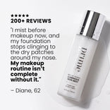 Eine Flasche Prep-Set-Refresh Luminous Skin Mist neben einer 5-Sterne-Bewertung, in der es heißt, dass das Luminous Mist verhindert, dass die Foundation an trockenen Hautstellen haftet.