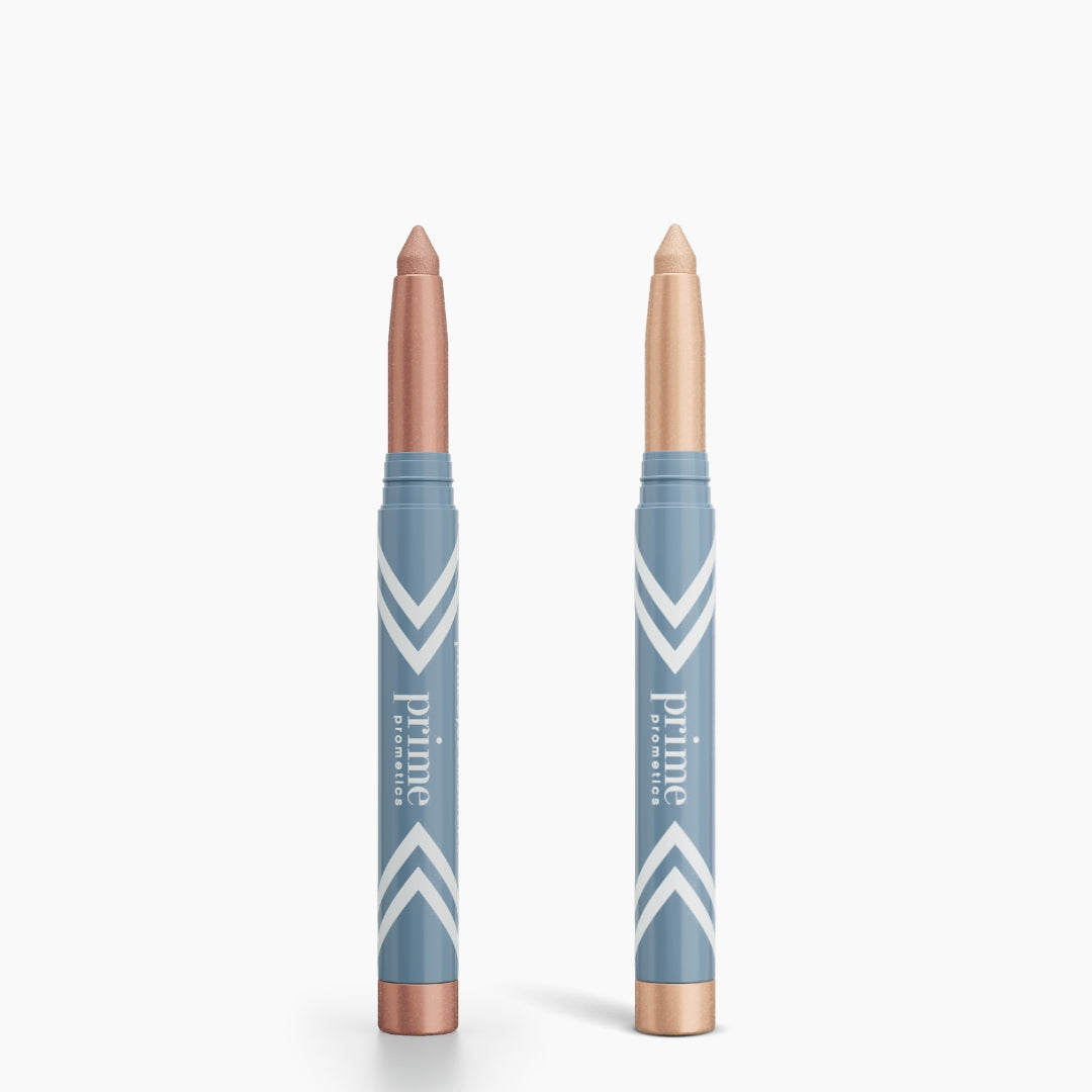 Two PrimePrometics™ 2pcs PrimeEyes Eye Brightener sticks stand upright on a white background. The left shimmery rose and right light champagne shades are perfect for eye care, both labeled "prime" in white text.