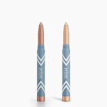 Two PrimePrometics™ 2pcs PrimeEyes Eye Brightener sticks stand upright on a white background. The left shimmery rose and right light champagne shades are perfect for eye care, both labeled "prime" in white text.