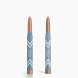 Two blue PrimePrometics™ 2pcs PrimeEyes Eye Brightener sticks with white stripes and metallic ends stand upright, one with a rose gold tip, the other bronze—ideal for brightening eyes.