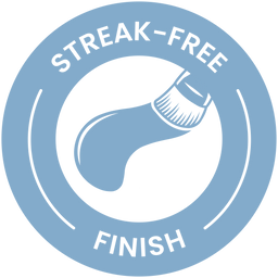 A blue circular badge with a paintbrush applying a smooth stroke and the words STREAK-FREE FINISH written around the edge.