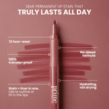 A pink lip stain pen is surrounded by swatches showing its color. Text highlights: 12 hour-wear, 100% transfer-proof, No-bleed formula, Hydrating, not drying, and Stain + liner in one.