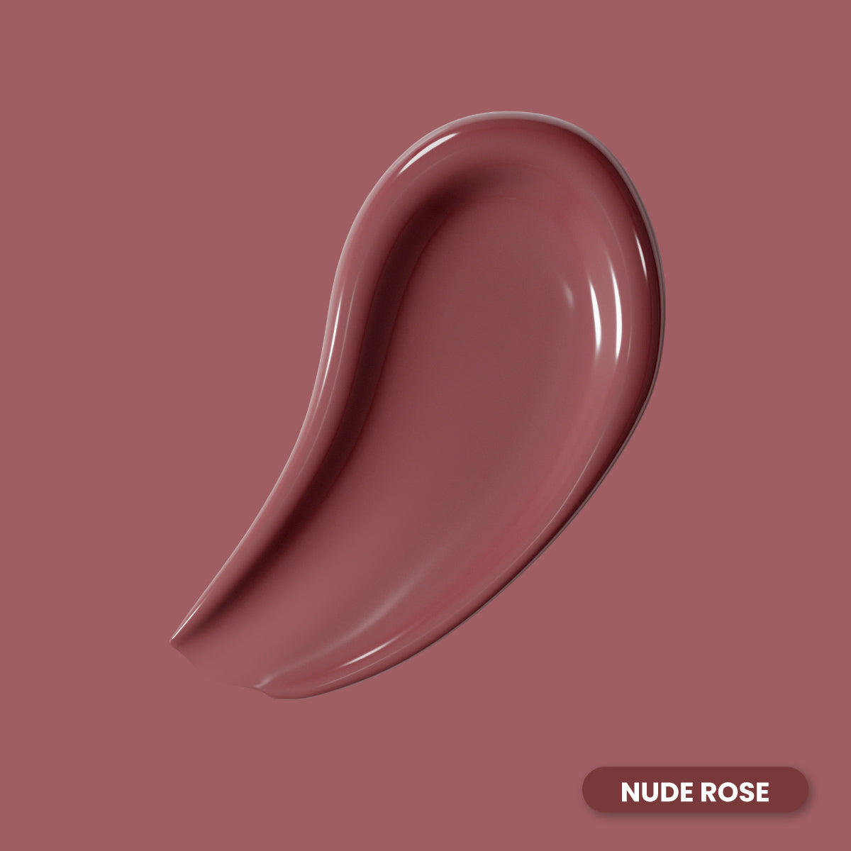 A smooth swipe of glossy nude rose-colored makeup on a matching rose background, with a label reading Nude Rose in the bottom right corner.