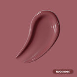 A smooth swipe of glossy nude rose-colored makeup on a matching rose background, with a label reading Nude Rose in the bottom right corner.
