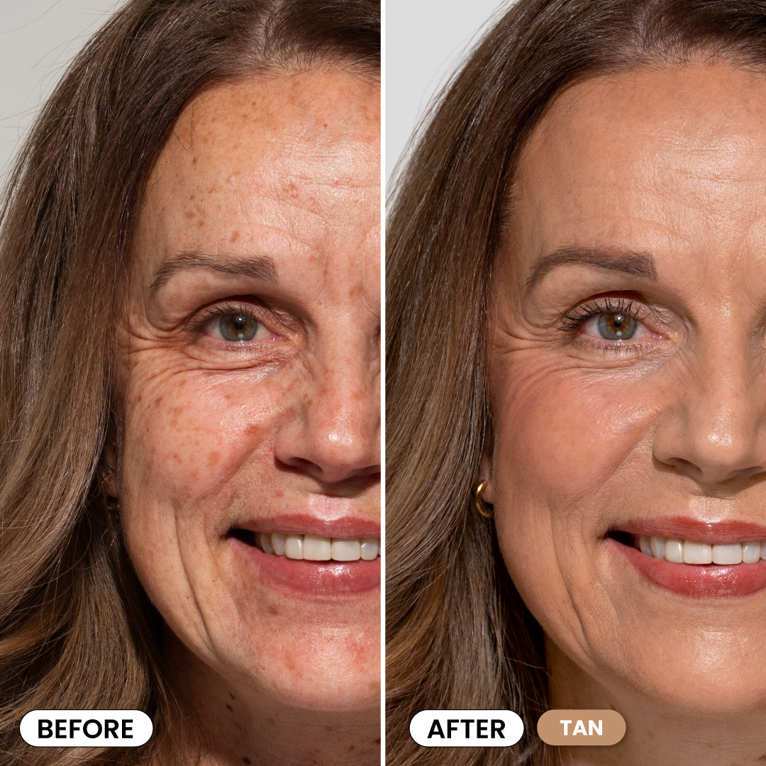 Side-by-side close-up of a smiling woman’s face: the left (“Before”) shows more wrinkles and dark spots, while the right (“After Tan with The Seamless Skin Duo by PrimePrometics™”) appears smoother and evenly tanned.
