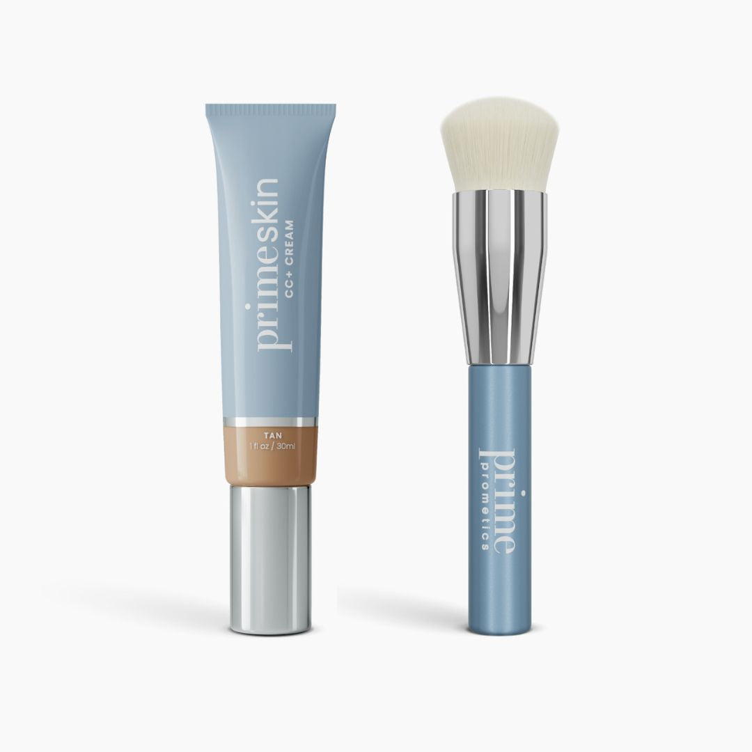 A Flawless Finish Bundle by PrimePrometics™—featuring a tube labeled Tan and a blue and silver-handled brush—are displayed side by side on a white background.