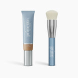 A Flawless Finish Bundle by PrimePrometics™—featuring a tube labeled Tan and a blue and silver-handled brush—are displayed side by side on a white background.