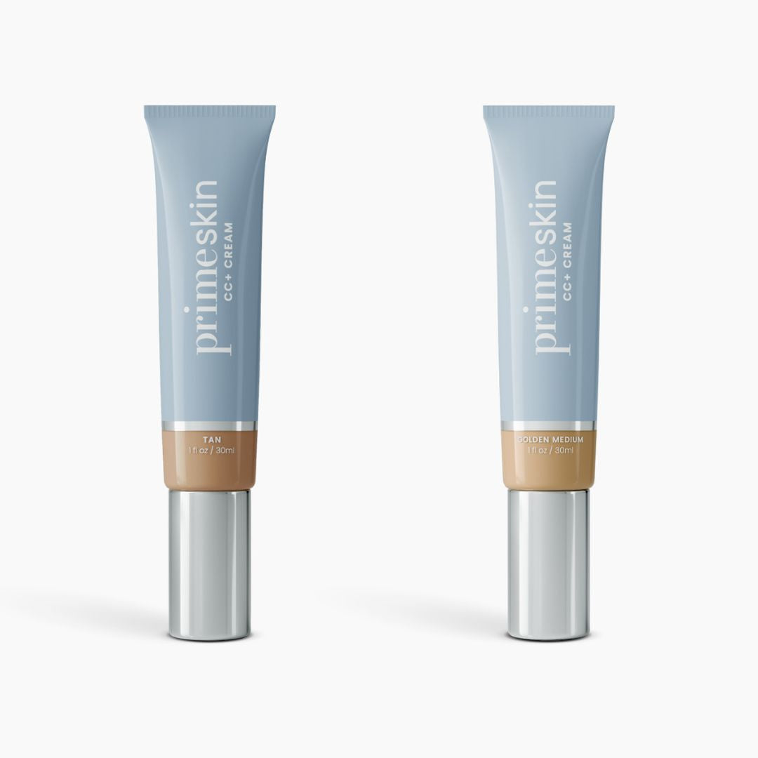 Two light blue tubes of 2pcs PrimeSkin CC+ Cream by PrimePrometics™, each 1 fl oz/30ml in “Tan” and “Golden Medium,” feature silver caps and beige bases. This lightweight foundation blurs pores for a smooth finish, ideal for women over 50.