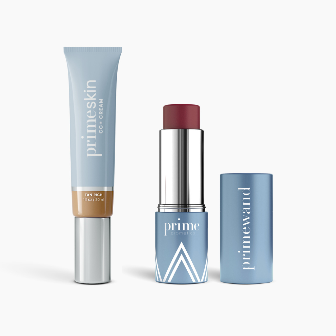 The PrimePrometics™ Complete Face Bundle includes a tan tube of PrimeSkin CC+ Cream and a blue stick with dark mauve PrimeWand Pigment, both labeled and ready for use.
