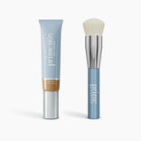 The Flawless Finish Bundle by PrimePrometics™ features a blue tube of CC+ Cream labeled Tan Rich and a matching blue-handled Foundation Brush with white bristles, shown together on a white background.