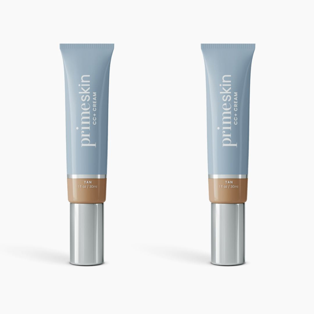 Two tubes of PrimePrometics™ 2pcs PrimeSkin CC+ Cream in Tan, each with a blue body, silver cap, and beige label, stand upright on a white background—ideal for women over 50 and blurs pores for a flawless finish.