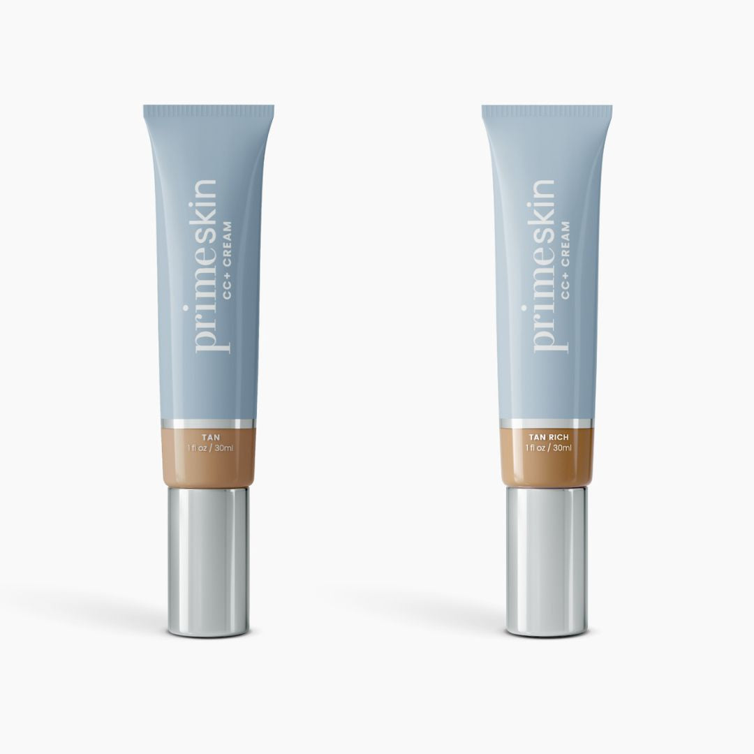 Two tubes of 2pcs PrimeSkin CC+ Cream by PrimePrometics™ are shown upright on a white background. The left tube is labeled Tan, the right Tan Rich. Both are light blue with silver caps and designed for women over 50.