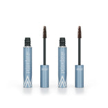 Two blue tubes of PrimePrometics™ 2pcs PrimeBrow Tinted Gel with wands exposed display various brown shades against a white background—ideal for covering gray eyebrows for a natural look.