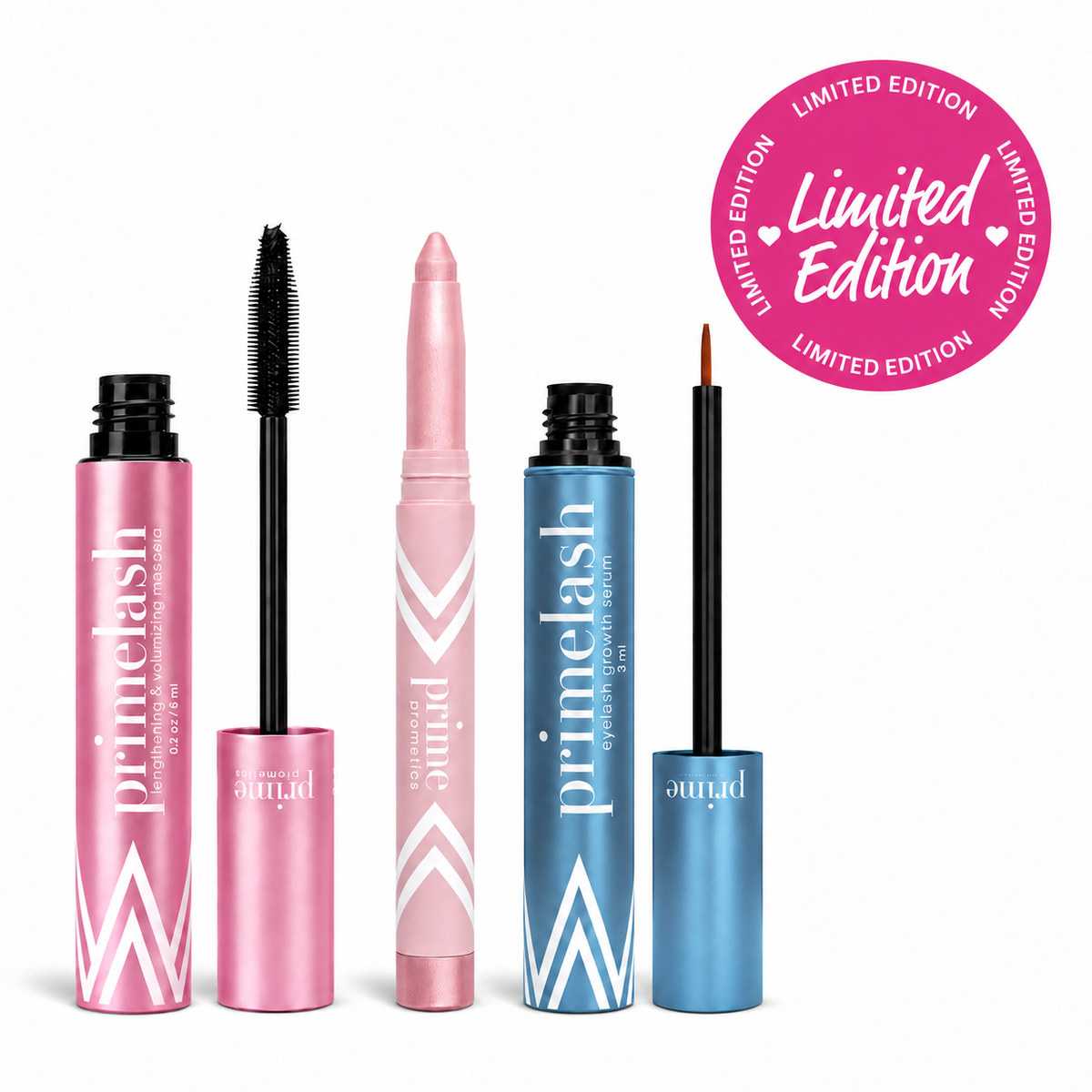 Three makeup products from The Beauty That Gives Set by PrimePrometics™ stand upright in pink and blue tubes. A Limited Edition pink circular label appears at the top right.