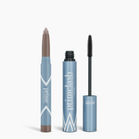 A blue eyebrow pencil with its tip exposed stands beside a blue tube of PrimePrometics™ Iconic Matte Eye Kit. The mascara wand reveals a black brush applicator. Both items feature silver accents for a sleek, modern look.
