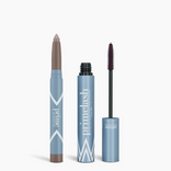 Two blue cosmetic products from PrimePrometics™: on the left, a rounded-tip Iconic Matte Eye Kit crayon; on the right, an open tube of mascara with a visible wand. Both stand upright on a white background.