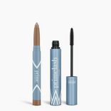 Two blue Iconic Matte Eye Kit products by PrimePrometics™ on a white background: a twist-up pencil with a brown tip on the left, and an open mascara tube with a black brush wand on the right, both labeled PrimePrometics™.
