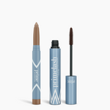 Two blue cosmetic products: an Iconic Matte Eye Kit eyebrow pencil with a light brown tip on the left, and a mascara tube with wand on the right, both labeled PrimePrometics™.