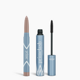 Two blue cosmetic products—the Iconic Matte Eye Kit by PrimePrometics™, featuring a twist-up cream eyeshadow stick with a beige tip and a PrimeLash Mascara with a black wand—are displayed on a white background.