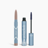 Two blue makeup products on a white background: the Iconic Matte Eye Kit by PrimePrometics™, featuring a matte eyeshadow stick (tip exposed, left) and an open mascara tube with brush wand (right), both labeled “Prime.”.
