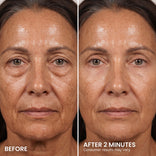 Vorher-Nachher-Vergleich des Gesichts einer Frau, der eine sichtbare Verringerung der Schwellungen unter den Augen zwei Minuten nach der Anwendung des PrimePrometics™ Instant Under-Eye Depuff Sets zeigt.