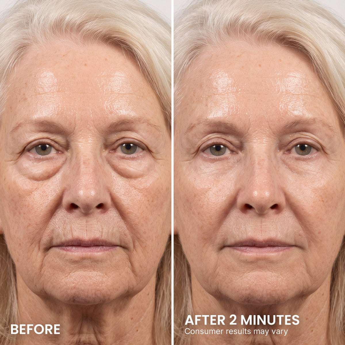 Side-by-side photos of an older woman show her face before and after applying PrimeLift Instant Eye Tightener from PrimePrometics™, with noticeably reduced wrinkles, smoother skin, and diminished under-eye bags visible in the after image. Text reads BEFORE and AFTER 2 MINUTES. Consumer results may vary.