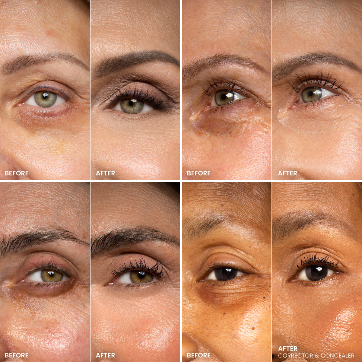 Eight close-up photos show eyes before and after using PrimePrometics™ Undereye Brightening Corrector, revealing smoother, brighter under-eye skin and visibly reduced dark circles.