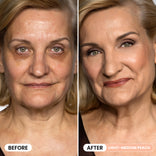 Split image shows an older woman before and after makeup. Left: bare face with dark circles. Right: PrimePrometics™ Undereye Brightening Corrector gives her smooth skin and Light–Medium Peach lipstick adds color.