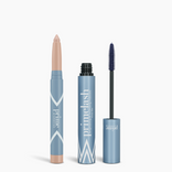 Two light blue PrimePrometics™ Iconic Matte Eye Kit products: a crayon-style pencil with a beige tip on the left and an open mascara tube on the right, both standing upright against a white background.