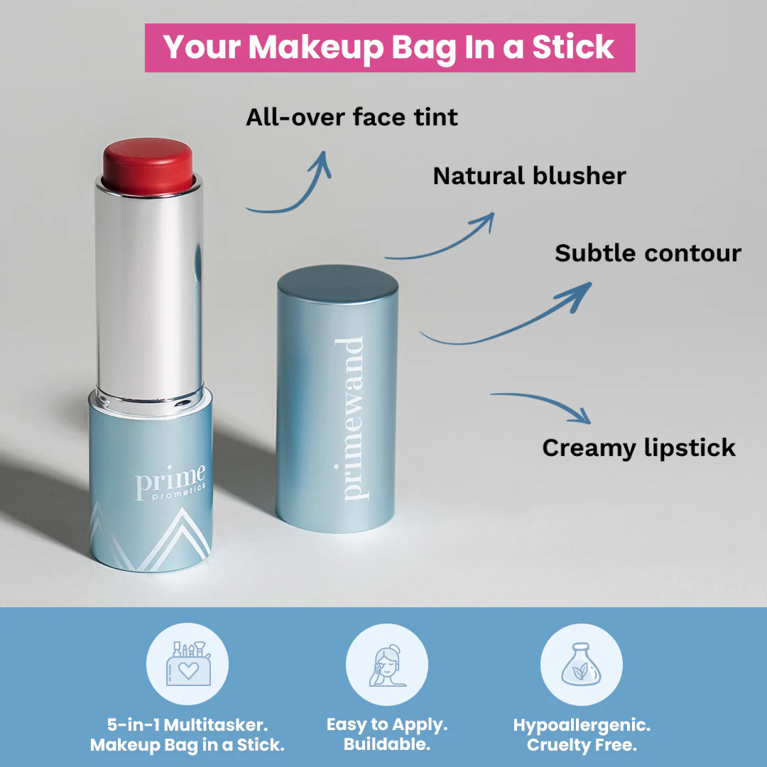 A blue tube of Primewand makeup stick with the cap off, showing a red-tinted product. Arrows label its uses: all-over face tint, natural blusher, subtle contour, and creamy lipstick. Icons highlight its benefits below.