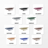 Ten squares display colored scribbles labeled: Wood, Kohl, Mulberry, Smoky, Emerald, Sapphire, Golden, Mocha, Copper, Royal Blue, and Taupe. Each scribble matches the shade name—highlighting the wide range of colors offered by the PrimeEyes Glide Eyeliner from PrimePrometics™. Perfect for anyone seeking an easy to apply eyeliner that glides on smoothly for vibrant definition.