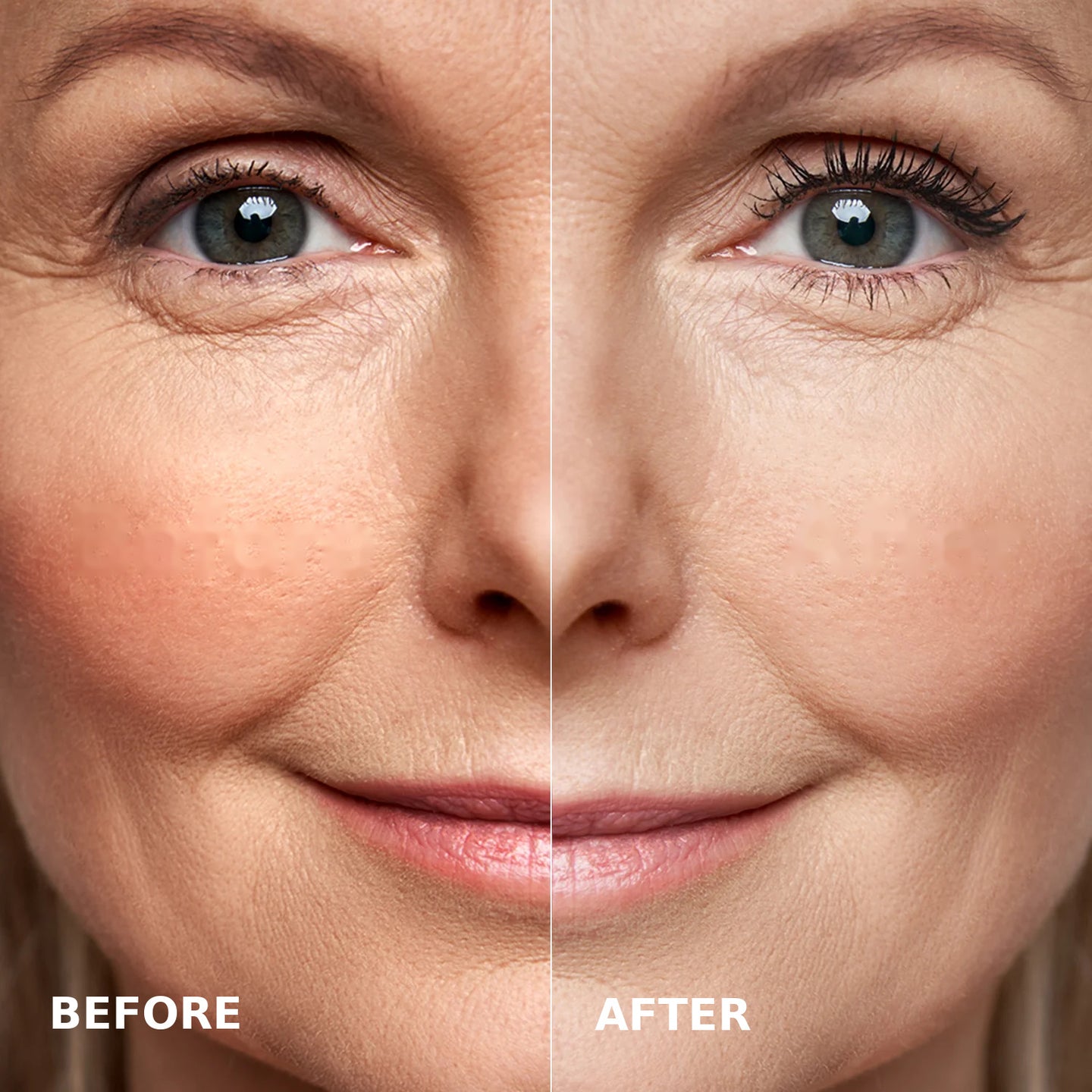 Close-up of a womans face split in half. Left side labeled Before shows more wrinkles and dull skin. Right side labeled After shows smoother, brighter skin with fewer wrinkles.
