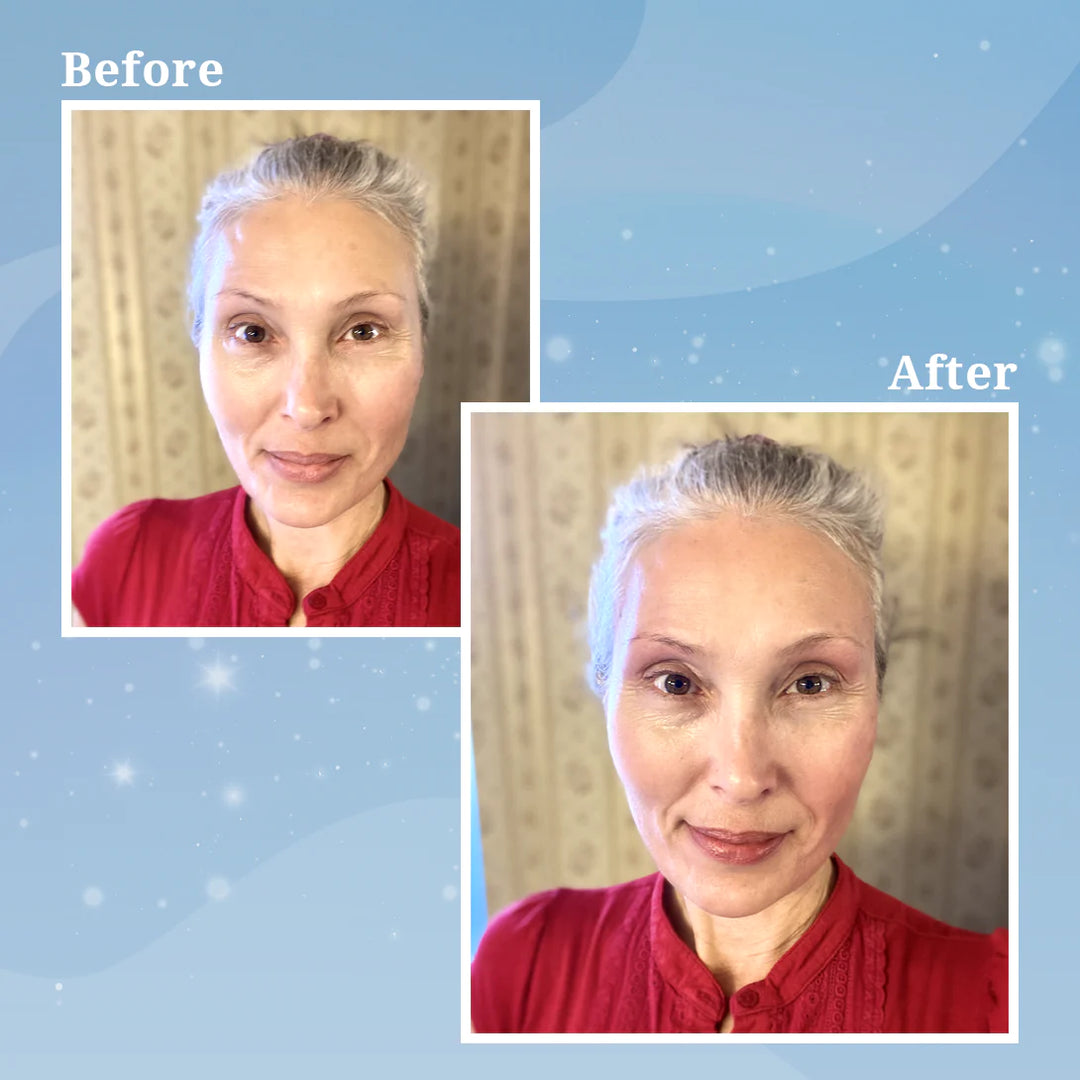 Side-by-side before and after photos of a woman with grey hair in a red top, showing her face looking brighter and more radiant in the after image, against a soft blue background.