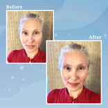 Side-by-side before and after photos of a woman with grey hair in a red top, showing her face looking brighter and more radiant in the after image, against a soft blue background.