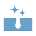 A blue icon showing a wavy, square surface with a curved indentation and two sparkling stars above it, representing clean or treated skin.