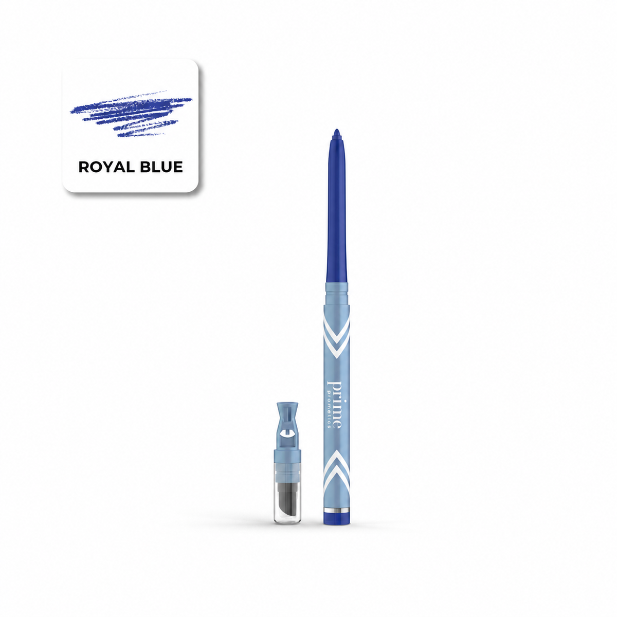 A PrimePrometics™ PrimeEyes Glide Eyeliner pencil in royal blue is shown with a sample swatch labeled Royal Blue, alongside its cap and built-in sharpener, all set against a white background. This smudge-resistant eyeliner is ideal for creating defined looks and is especially suitable as an eyeliner for mature lids.