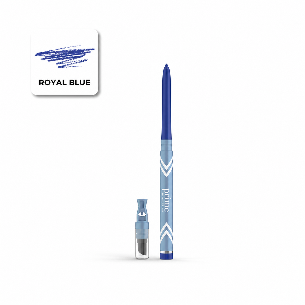 A PrimePrometics™ PrimeEyes Glide Eyeliner pencil in royal blue is shown with a sample swatch labeled Royal Blue, alongside its cap and built-in sharpener, all set against a white background. This smudge-resistant eyeliner is ideal for creating defined looks and is especially suitable as an eyeliner for mature lids.