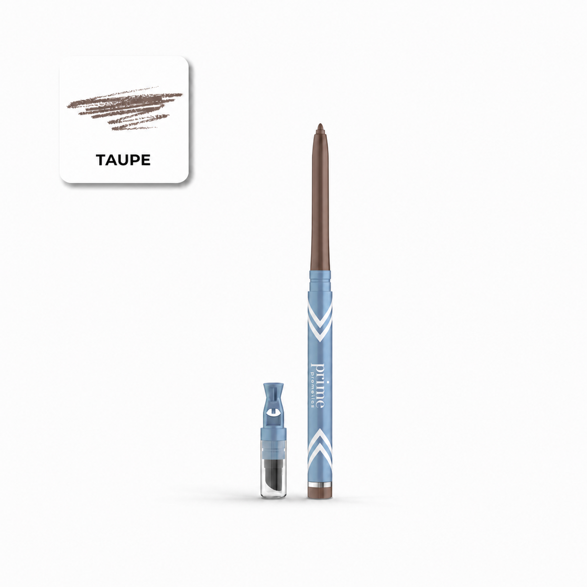 Mechanical eyebrow pencil in a taupe shade with a sample swatch displayed at the top left. The pencil features a blue body adorned with a white chevron pattern, finished with a clear cap and an attached mini sharpener. For seamless, all-day definition, perfectly complement your routine by pairing this brow essential with PrimePrometics™ PrimeEyes Glide Eyeliner, our smudge-resistant liner.