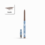 Mechanical eyebrow pencil in a taupe shade with a sample swatch displayed at the top left. The pencil features a blue body adorned with a white chevron pattern, finished with a clear cap and an attached mini sharpener. For seamless, all-day definition, perfectly complement your routine by pairing this brow essential with PrimePrometics™ PrimeEyes Glide Eyeliner, our smudge-resistant liner.